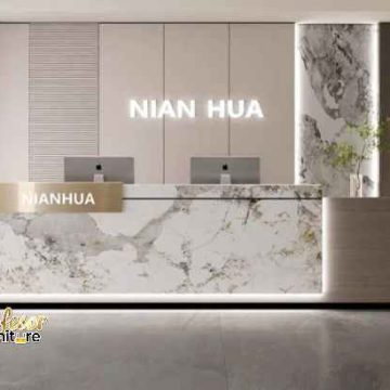 Tukang interior custom meja resepsionis kantor branding logo Jakarta Selatan